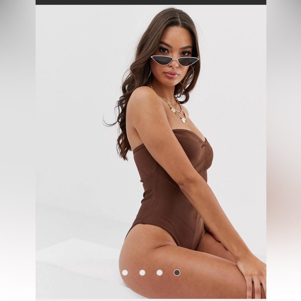 ASOS DESIGN bandage strapless swimsuit in brown
